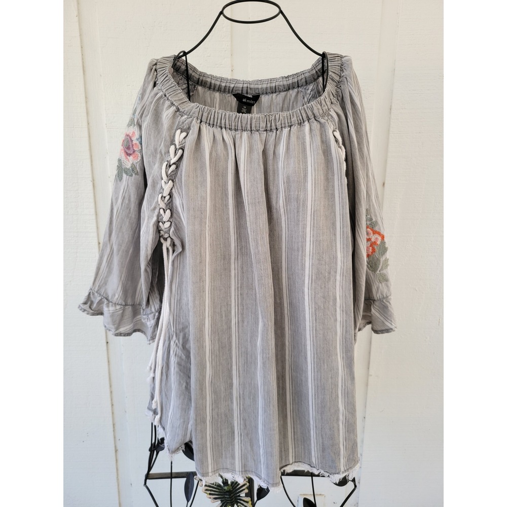 Ali Miles 1X 100% Tencel Embroidered Floral Lace Up Tunic Top BOHO Raw Edge